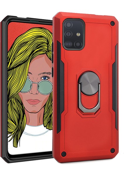 Samsung Galaxy S20 Plus Rock Darbe Koruyucu Standlı Yüzüklü Kılıf Kırmızı + 5D Nano