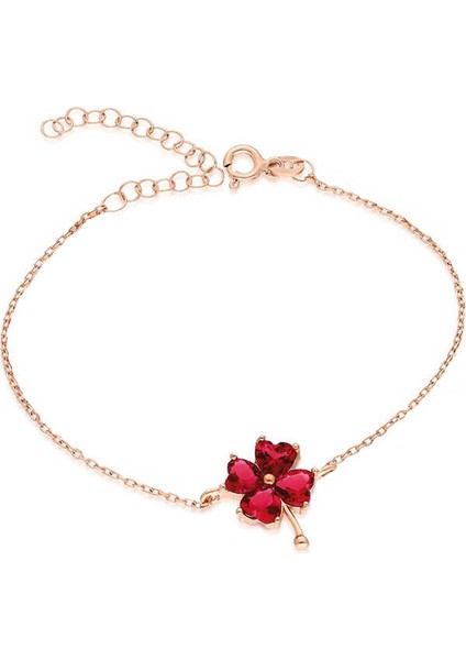 Gümüş Kırmızı Kalpli Yonca Bileklik