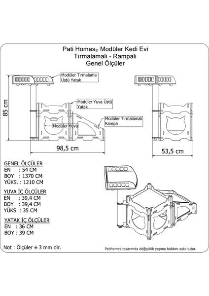 Pati Homes Modüler Kedi Evi  Tırmalama Rampalı - Yataklı