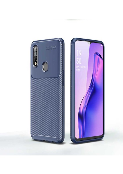 Oppo A31 Kılıf Karbon Desenli Lux Negro Silikon Lacivert + Cam Ekran Koruyucu