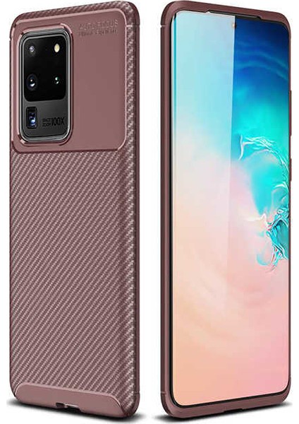 Samsung Galaxy S20 Ultra Kılıf Karbon Desenli Lux Negro Silikon Kahverengi + Tam Kaplayan Pet Ekran Koruyucu