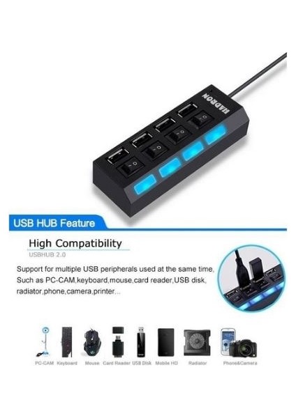 Gaman 4 Port USB 2.0 Hub LED Işık Anahtarlı USB Çoklayıcı