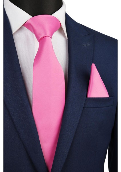 Pembe Mendilli Düz Saten Kravat KK1138