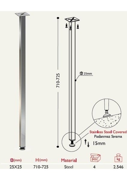 Masa Ayağı 11.125 - 25 x 25 mm Parlak Krom 4'lü fiyatları