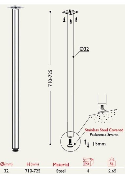 Masa Ayağı 11.170 - 32 mm Siyah 4'lü