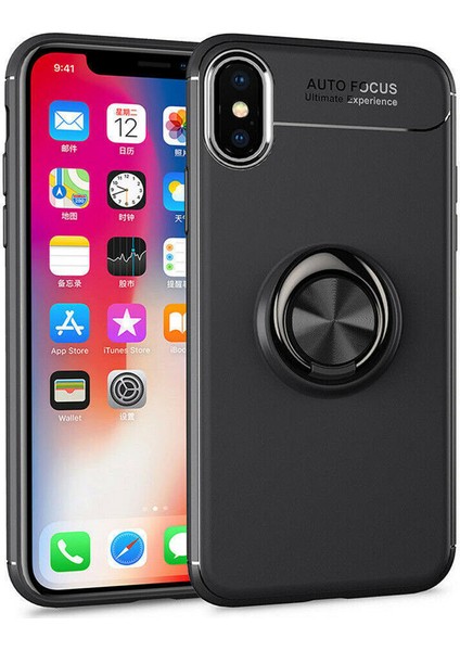 Apple iPhone X Kılıf Yüzüklü Standlı Metal Araç Tutuculu Ravel Silikon Siyah