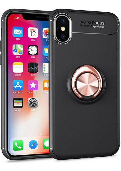 Apple iPhone XS Kılıf Yüzüklü Standlı Metal Araç Tutuculu Ravel Silikon Siyah Rose Gold