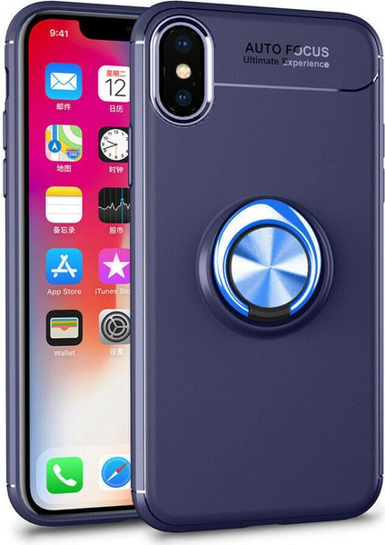 Apple iPhone XS Max Kılıf Yüzüklü Standlı Metal Araç Tutuculu Ravel Silikon Lacivert