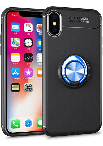 Apple iPhone XS Max Kılıf Yüzüklü Standlı Metal Araç Tutuculu Ravel Silikon Siyah Mavi