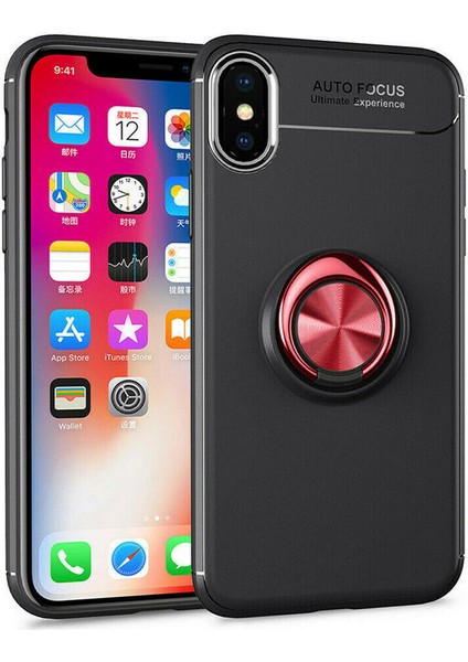 Apple iPhone XS Max Kılıf Yüzüklü Standlı Metal Araç Tutuculu Ravel Silikon Siyah Kırmızı