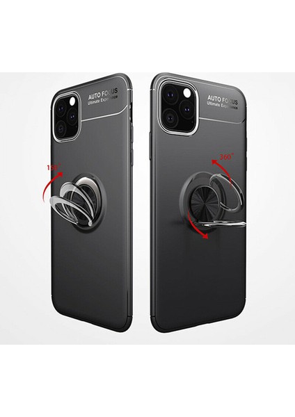 Apple iPhone 11 Kılıf Yüzüklü Standlı Metal Araç Tutuculu Ravel Silikon Siyah