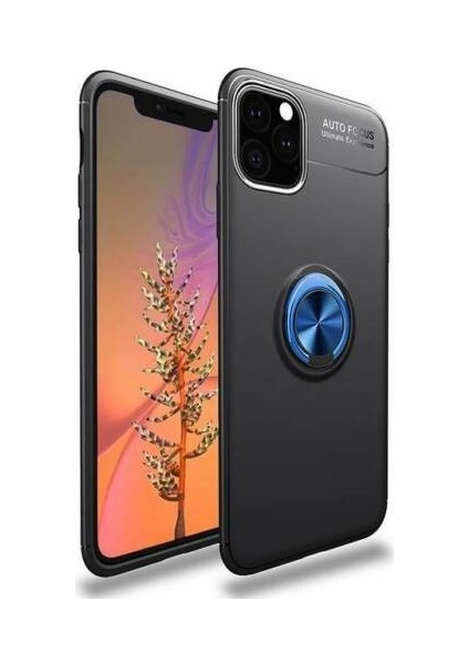 Apple iPhone 11 Pro Kılıf Yüzüklü Standlı Metal Araç Tutuculu Ravel Silikon Siyah Mavi