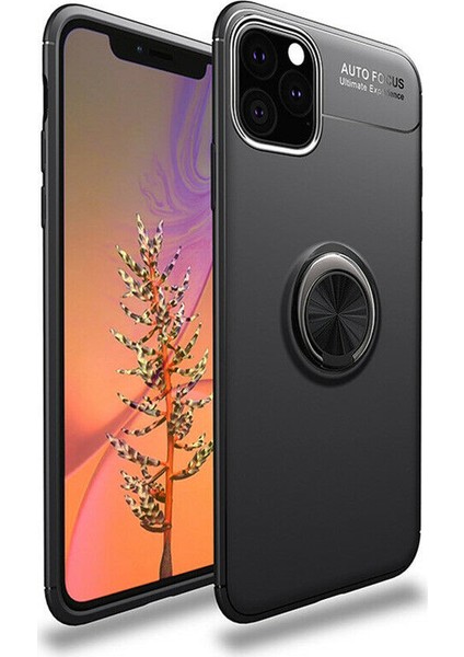 Apple iPhone 11 Pro Max Kılıf Yüzüklü Standlı Metal Araç Tutuculu Ravel Silikon Siyah
