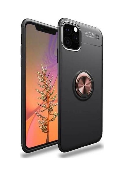 Apple iPhone 11 Pro Max Kılıf Yüzüklü Standlı Metal Araç Tutuculu Ravel Silikon Siyah Rose Gold