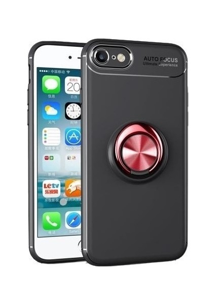 Apple iPhone 7 Kılıf Yüzüklü Standlı Metal Araç Tutuculu Ravel Silikon Siyah Kırmızı