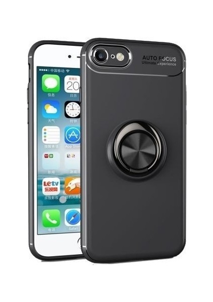 Apple iPhone 8 Plus Kılıf Yüzüklü Standlı Metal Araç Tutuculu Ravel Silikon Siyah