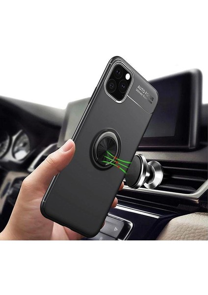 Apple iPhone 8 Plus Kılıf Yüzüklü Standlı Metal Araç Tutuculu Ravel Silikon Siyah Mavi