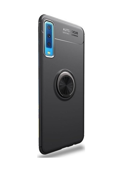 Samsung A70 A705 Kılıf Yüzüklü Standlı Metal Araç Tutuculu Ravel Silikon Siyah
