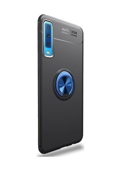 Samsung A70 A705 Kılıf Yüzüklü Standlı Metal Araç Tutuculu Ravel Silikon Siyah Mavi