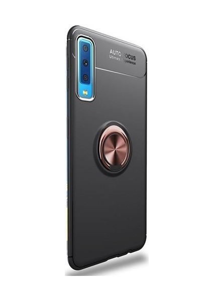 Samsung A70 A705 Kılıf Yüzüklü Standlı Metal Araç Tutuculu Ravel Silikon Siyah Rose Gold