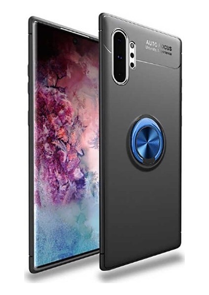 Samsung Note 10 Kılıf Yüzüklü Standlı Metal Araç Tutuculu Ravel Silikon Siyah Mavi