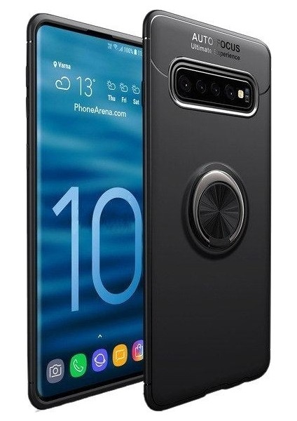 Samsung S10 Plus Kılıf Silikon Yüzüklü Standlı Metal Araç Tutuculu Ravel Tpu Siyah