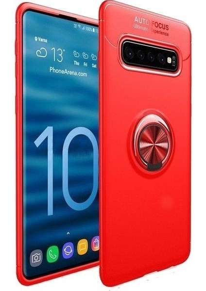 Samsung S10 Plus Kılıf Silikon Yüzüklü Standlı Metal Araç Tutuculu Ravel Tpu Kırmızı