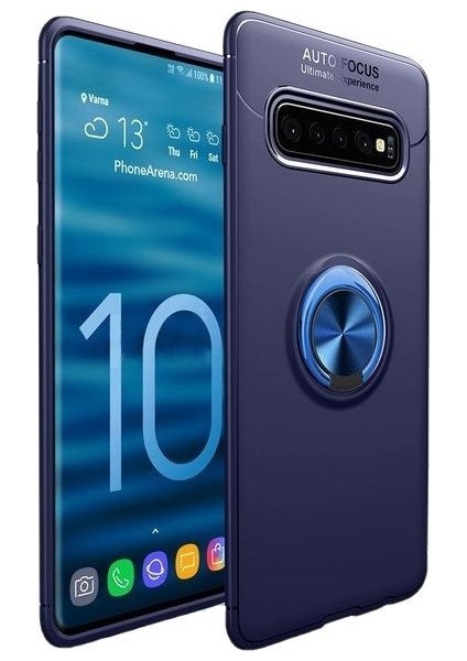 Samsung S10 Plus Kılıf Silikon Yüzüklü Standlı Metal Araç Tutuculu Ravel Tpu Lacivert