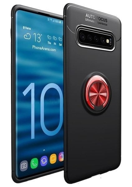 Samsung S10 Plus Kılıf Silikon Yüzüklü Standlı Metal Araç Tutuculu Ravel Tpu Siyah Kırmızı