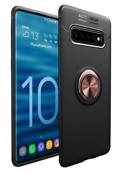 Samsung S10 Plus Kılıf Silikon Yüzüklü Standlı Metal Araç Tutuculu Ravel Tpu Siyah Rose Gold