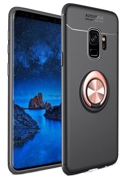 Samsung S9 Kılıf Silikon Yüzüklü Standlı Metal Araç Tutuculu Ravel Tpu Siyah Rose Gold