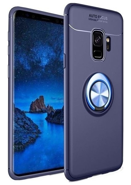 Samsung S9 Plus Kılıf Silikon Yüzüklü Standlı Metal Araç Tutuculu Ravel Tpu Lacivert