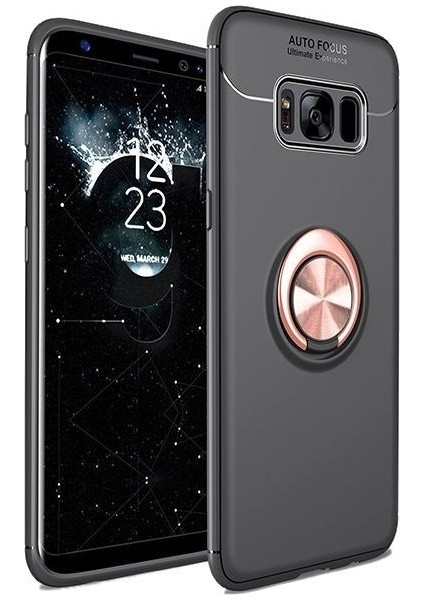 Samsung S8 Plus Kılıf Silikon Yüzüklü Standlı Metal Araç Tutuculu Ravel Tpu Siyah Rose Gold