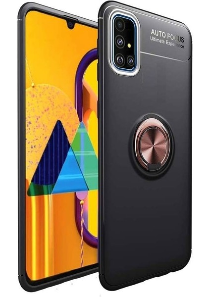 Samsung A81 Kılıf Silikon Yüzüklü Standlı Metal Araç Tutuculu Ravel Tpu Siyah Rose Gold