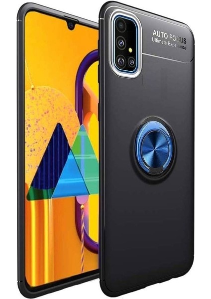 Samsung Note 10 Lite Kılıf Silikon Yüzüklü Standlı Metal Araç Tutuculu Ravel Siyah Mavi