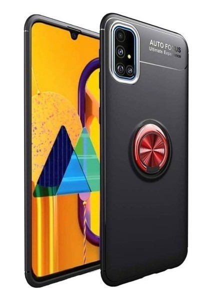 Samsung Note 10 Lite Kılıf Silikon Yüzüklü Standlı Metal Araç Tutuculu Ravel Siyah Kırmızı