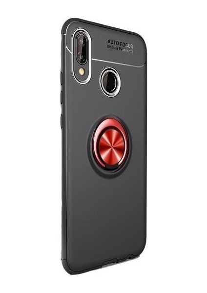 Huawei P Smart 2019 Kılıf Silikon Yüzüklü Standlı Metal Araç Tutuculu Ravel Tpu Siyah Kırmızı