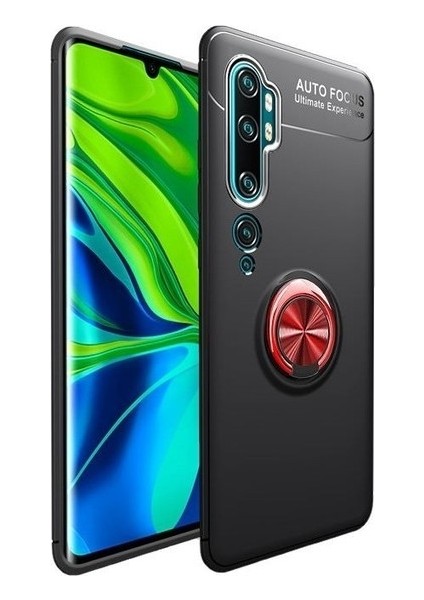 Xiaomi Mi Note 10 Kılıf Silikon Yüzüklü Standlı Metal Araç Tutuculu Ravel Tpu Siyah Kırmızı