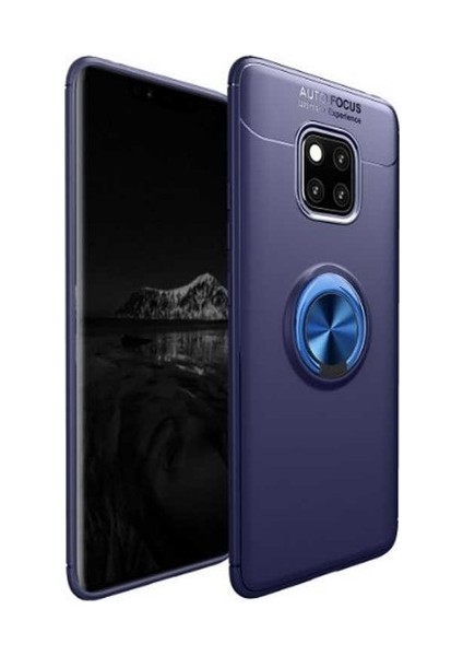 Huawei Mate 20 Pro Kılıf Silikon Yüzüklü Standlı Metal Araç Tutuculu Ravel Tpu Lacivert