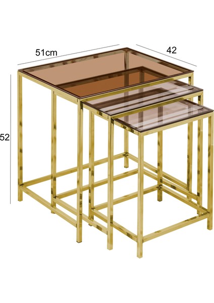 Diamond Altın Sarısı Bronz Cam Zigon Sehpa 3'lü
