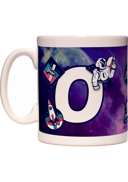 Harfli Uzay ve Astronot Tasarımlı Baş Harf O Harfi Kupa Bardak