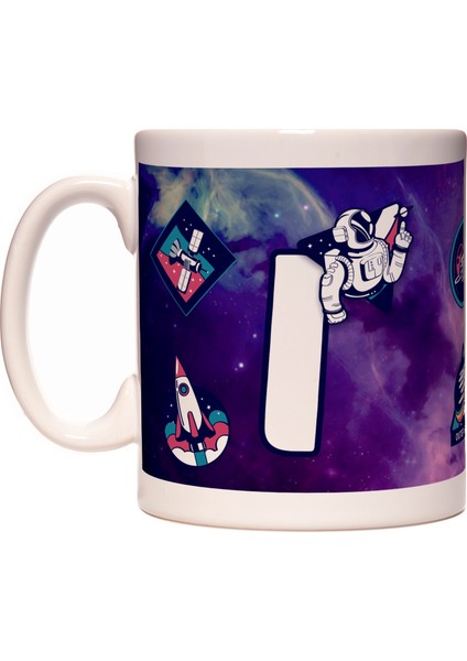 Harfli Uzay ve Astronot Tasarımlı Baş Harf I Harfi Kupa Bardak