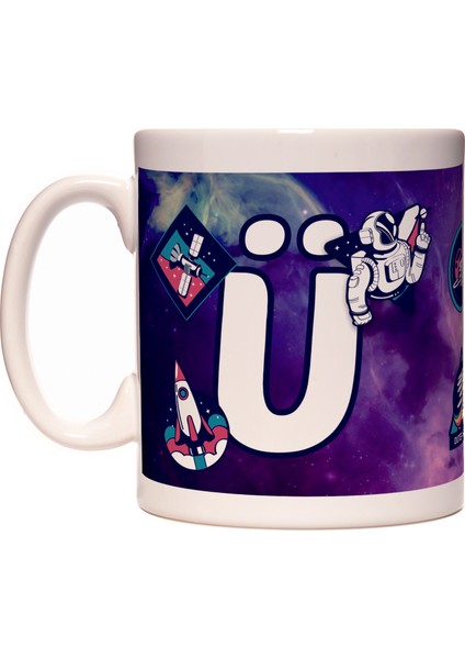 Harfli Uzay ve Astronot Tasarımlı Baş Harf Ü Harfi Kupa Bardak