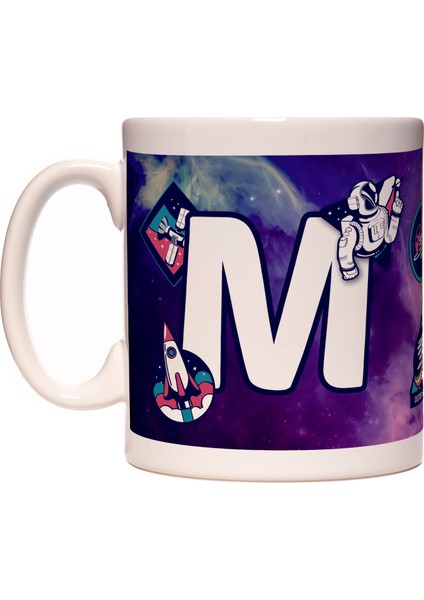 Harfli Uzay ve Astronot Tasarımlı Baş Harf M Harfi Kupa Bardak