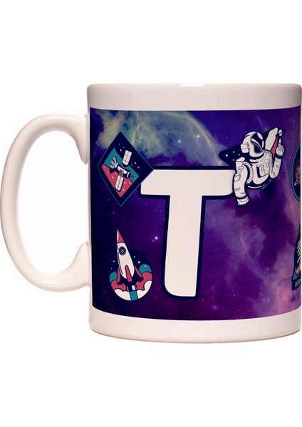 Harfli Uzay ve Astronot Tasarımlı Baş Harf T Harfi Kupa Bardak