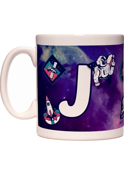 Harfli Uzay ve Astronot Tasarımlı Baş Harf J Harfi Kupa Bardak