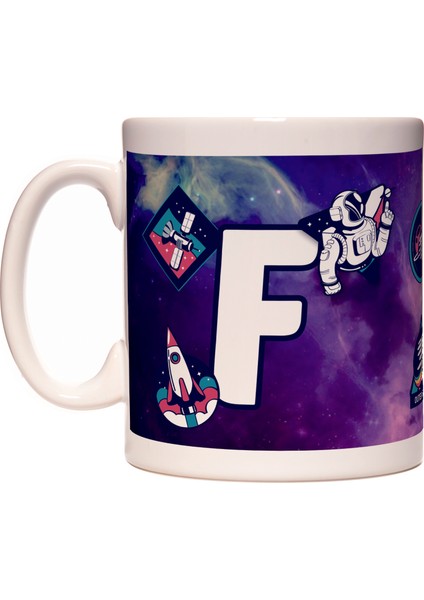 Harfli Uzay ve Astronot Tasarımlı Baş Harf F Harfi Kupa Bardak