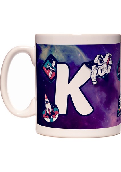 Harfli Uzay ve Astronot Tasarımlı Baş Harf K Harfi Kupa Bardak