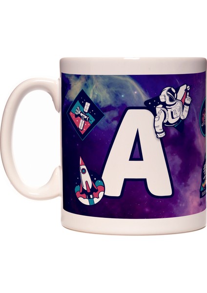 Harfli Uzay ve Astronot Tasarımlı Baş Harf A Harfi Kupa Bardak