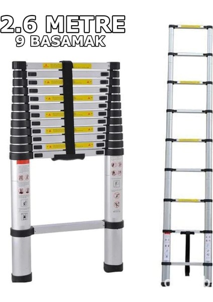 9 Basamaklı Teleskopik Merdiven Uzayan 2,6 Metre